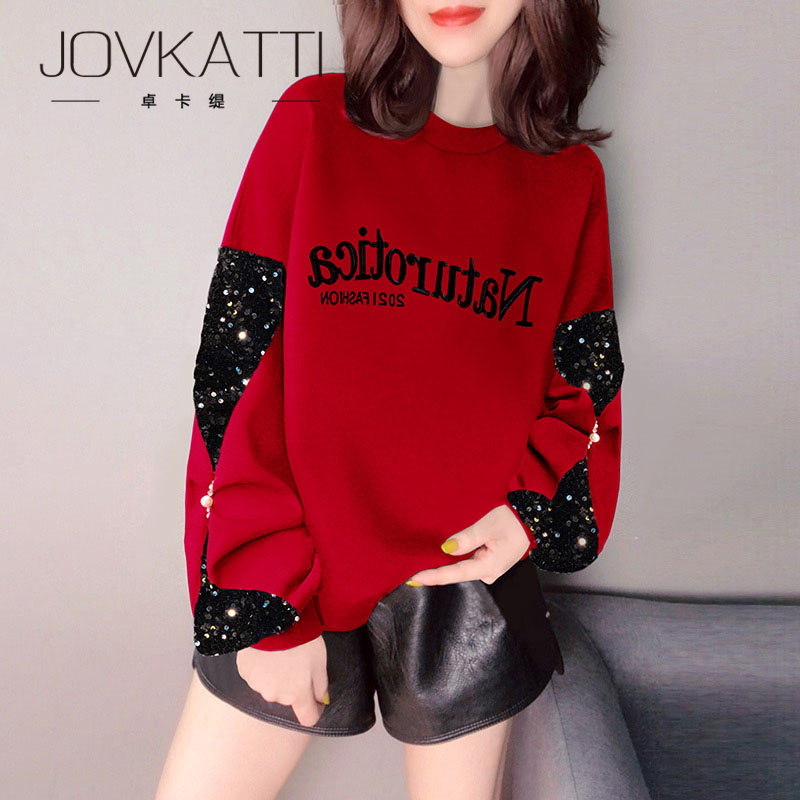 JOVKATTI age-reducing casual foreign style red loose top fashion splicing space cotton temperament printing sweater women