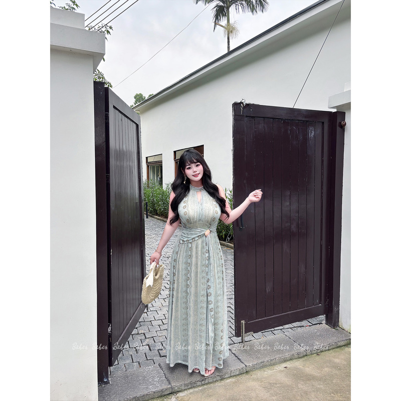 Bbaebs【Wind-Blown Half-Summer】Plus-Size French-Style Cool and Elegant Halter Neck Waist-Cinching Slimming A-Line Dress Bbaebs【Wind-Blown Half-Summer】Plus-Size French-Style Cool and Elegant Halter Neck Waist-Cinching Slimming A-Line Dress