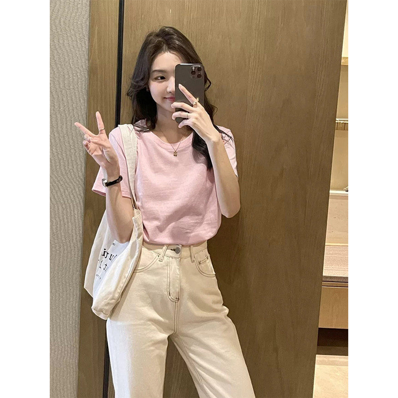Right-Shoulder Peach Pink Short-Sleeved T-Shirt, Misty Pink New Style, Pure Cotton, Loose Fit, Versatile, Slimming, Stylish Round-Neck Top