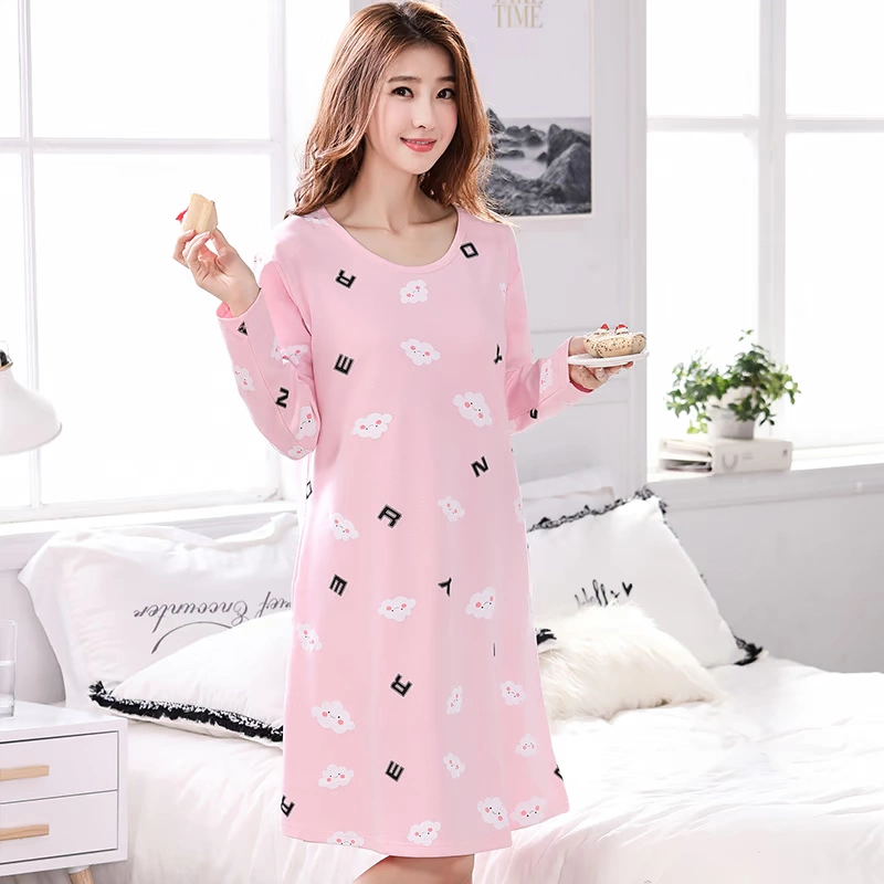 Áo ngủ mùa xuân và mùa thu cotton dài tay hoạt hình Cô gái nhỏ dễ thương gợi cảm váy dài đồ ngủ lỏng bên ngoài mặc dịch vụ nhà váy ngủ đẹp