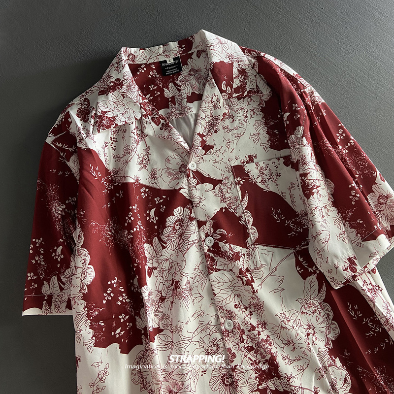 Strapping Line Drawing Impression Floral Cuban Collar Short-Sleeved Floral Shirt for Men and Women Hawaiian Japanese Retro Hong Kong Style Strapping Line Drawing Impression Floral Cuban Collar Short-Sleeved Floral Shirt for Men and Women Hawaiian Japanese Retro Hong Kong Style