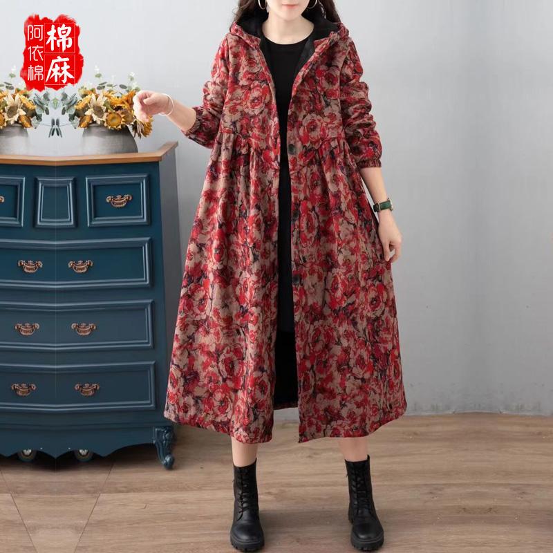 Ethnic Style Loose Slimming Fleece-Lined Trench Coat New Stylish Hooded Cotton and Linen Floral Mid-Length Coat Ethnic Style Loose Slimming Fleece-Lined Trench Coat New Stylish Hooded Cotton and Linen Floral Mid-Length Coat