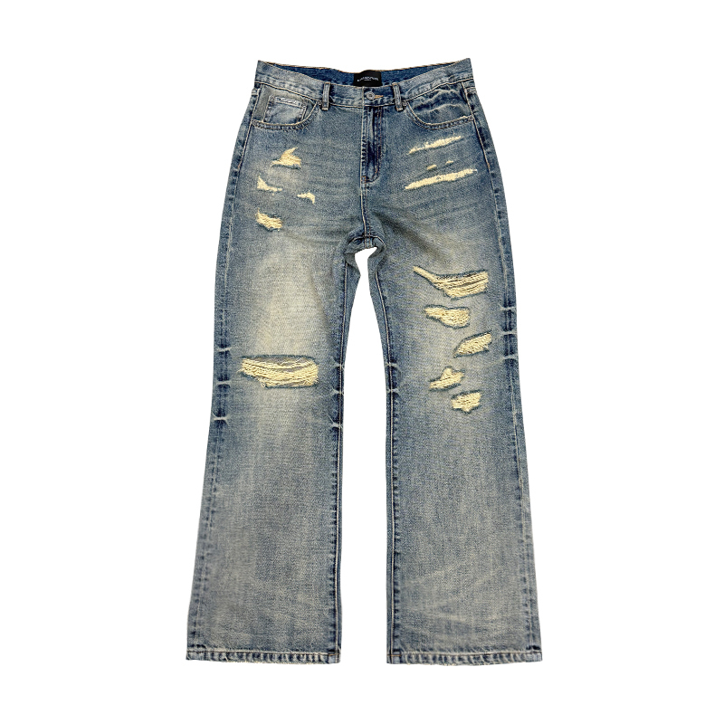 Epower Summer Ripped and Faded Mud-Dyed Flared Blue Denim Pants