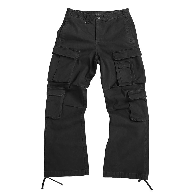 Epower Presents | Heavy-Duty Brushed and Washed Work Pants with Multiple Pockets and a Slight Flare in Black. Epower Presents | Heavy-Duty Brushed and Washed Work Pants with Multiple Pockets and a Slight Flare in Black.