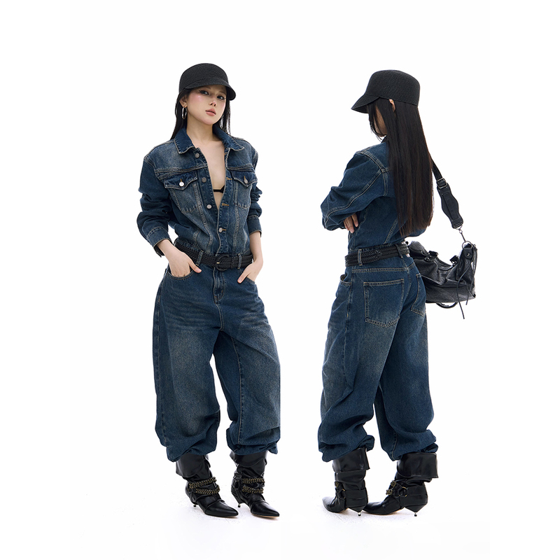 [Jiyueyue] Vintage Original Color Scimitar Denim Jumpsuit with Distressed Hot Girl Lapel Long-Sleeve Shirt Jumpsuit