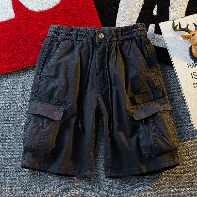 Hpcp Vintage Washed Cotton Heavy-Duty Work Shorts for Men, Summer Trendy Men's Mid-Length Shorts with Multiple Pockets, Casual Five-Point Shorts