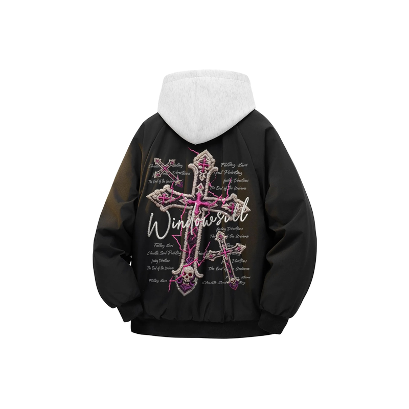 Loox Gz High Street American Style Logo Retro Gothic Cross Pattern Letter Print Loose Bomber Jacket