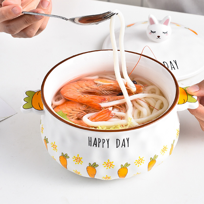 Creative home ceramic instant noodle bowl with lid Single bowl Student easy-to-clean instant noodle big soup bowl Cartoon noodle bowl