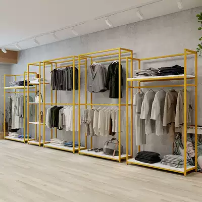 Clothing store gold display rack floor-standing men's shelf display rack mid-island clothes rack double-layer side hanger