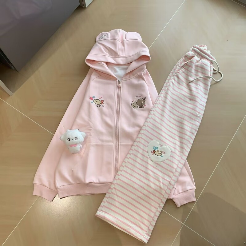 Cute Casual Style Bear Pink Sweatshirt Jacket with Long Pants for Junior High School Girls, Super Nice Autumn and Winter Outfit