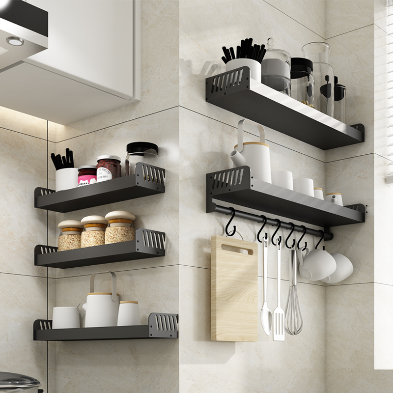 Black kitchen condiment rack pendant products non-perforated wall-mounted oil salt sauce vinegar storage seasoning tank rack