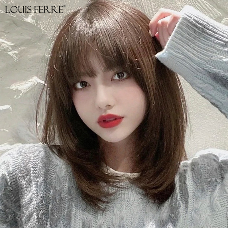 Wig woman summer short hair simulation natural inner buckle collarbone medium long hair real hair full real hair hand wig head cover