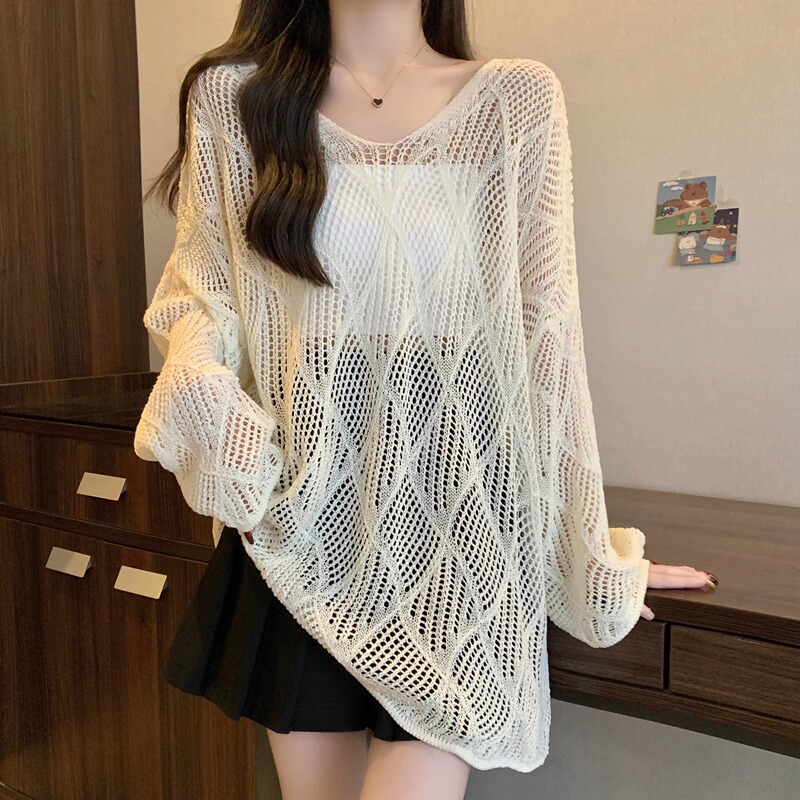 Outerwear Cardigan with Diamond Pattern and Hollow Knit, Summer Plus Size for Chubby Women, Loose Fit to Cover Belly, Mid-Length, Oversized, Stylish Top