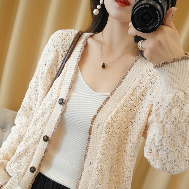 Hollow-Out Knitted Cardigan Short Jacket Women's Sweater 2026 New Long-Sleeved Spring and Autumn Top Thin Outerwear