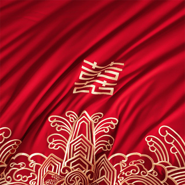 Wedding bed four-piece set of cotton high-end Chinese embroidered red sheets wedding quilt cover pure cotton dowry wedding set