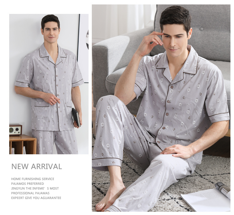 Của nam giới đồ ngủ cotton ngắn tay quần mùa xuân và mùa hè phần mỏng XL cotton mùa hè đồ ngủ nam nhà cũ bộ dịch vụ pijama nam cao cấp