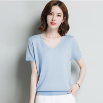 2022 Summer new v collar Ice Knitted T-shirt Female Tide Ice loose Conspiculean Short Sleeves