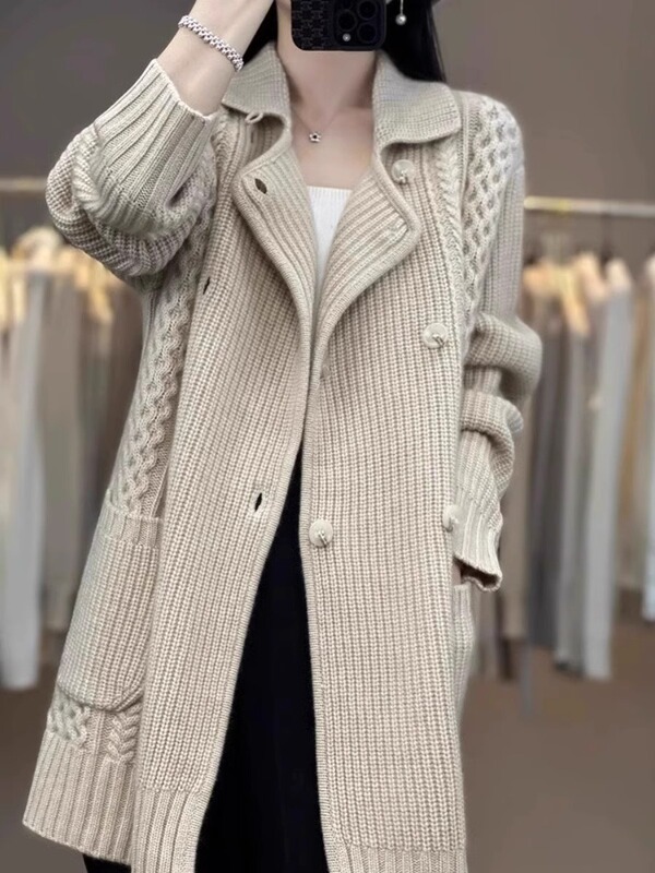 Sweater Knit Cardigan for Women 2026 Autumn New Fashionable Design with Suit Collar, Thickened Mid-Length Knit Jacket