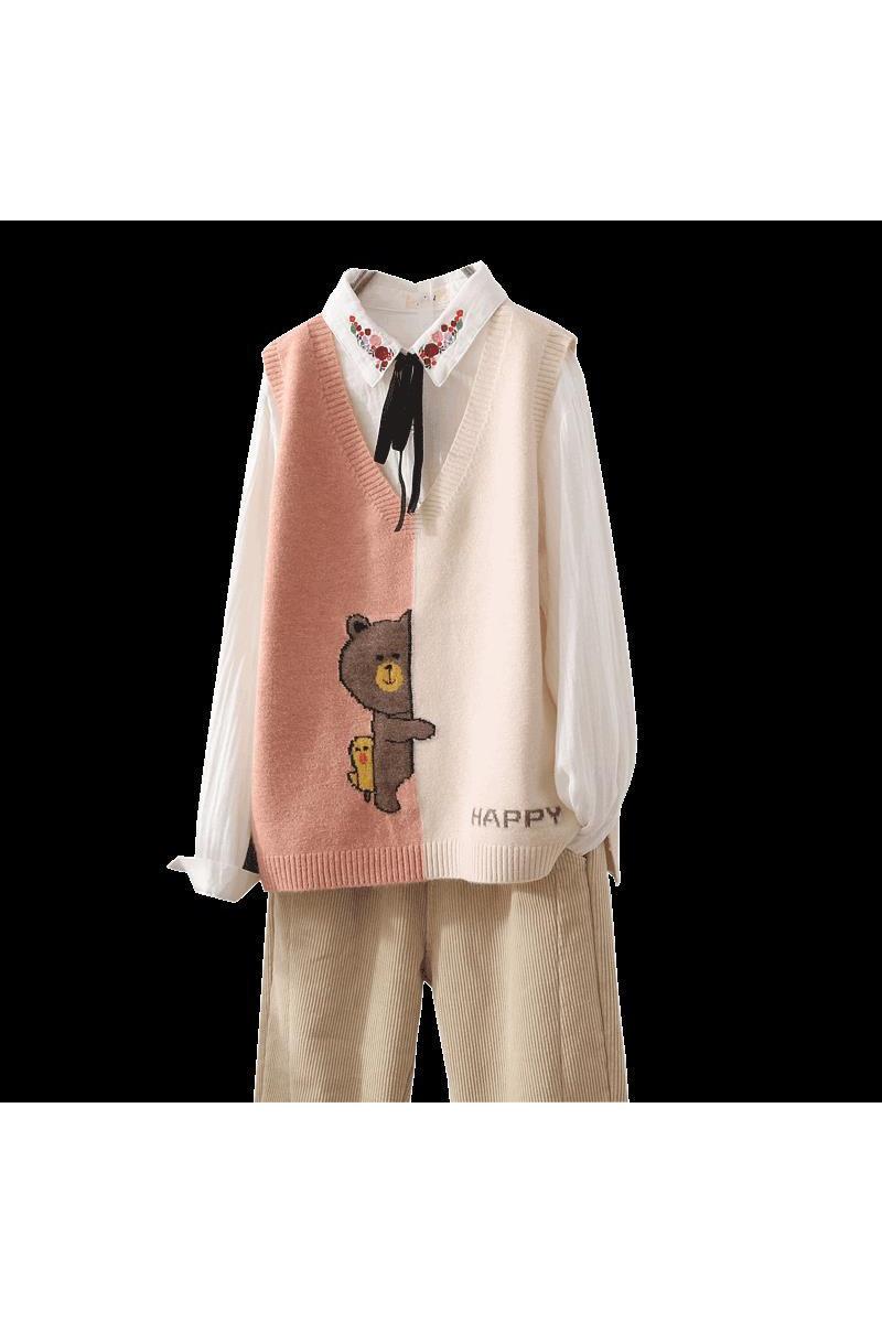 小熊V领毛衣背心女 秋冬新款无袖套头打底坎肩宽松针织马甲潮