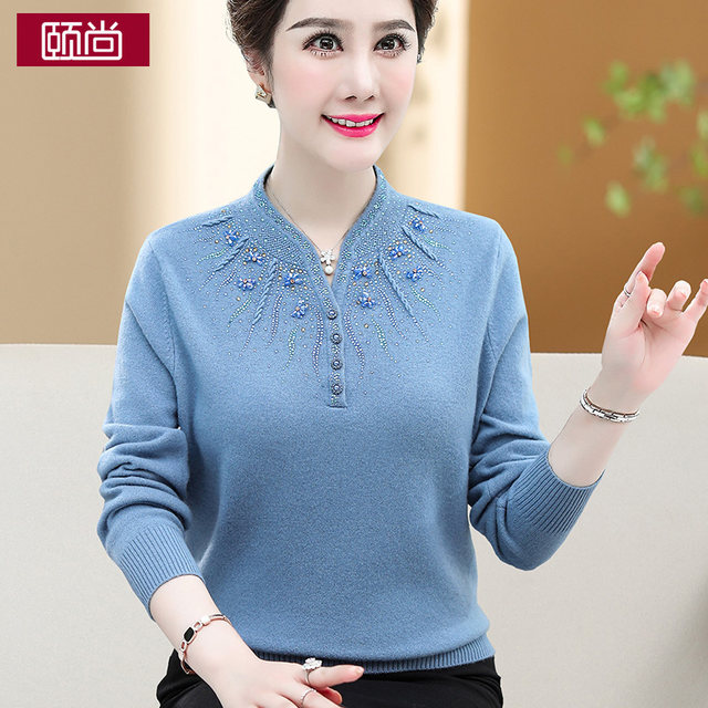 Mom's autumn clothing pure wool knitted large size bottoming shirt middle-aged women's fashion cheongsam collar sweater middle-aged and elderly tops