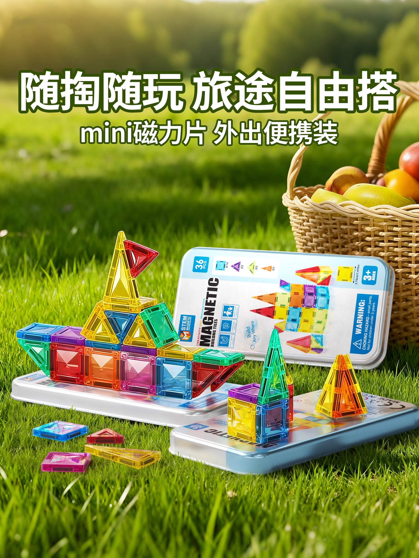 Mini portable pocket magnetic piece children's puzzle toy block assembly magnetic iron block mini 3-year-6-year-old boy