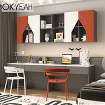 Double desk computer desk with bookshelf integrated table bedroom student home girl writing desk bookcase combination modern