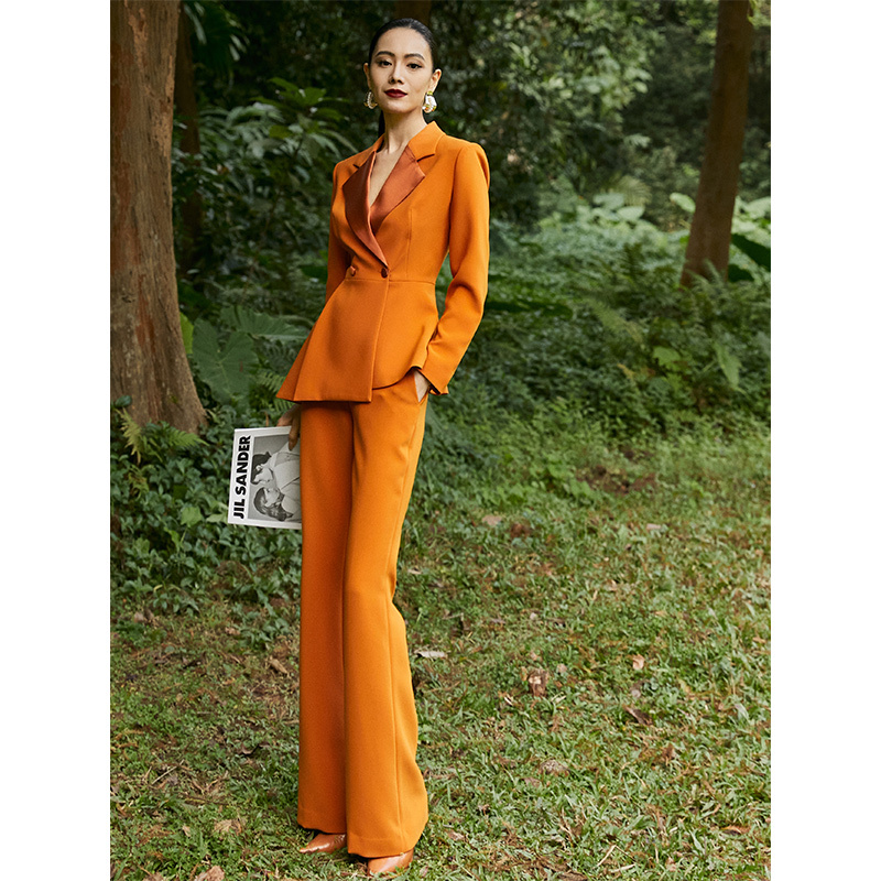 Qianbeibei Orange-Yellow Broadcasting Host Suit Professional Outfit Summer Tour Guide Teacher Recording Class Fashion Two-Piece Set