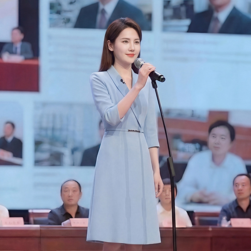 Qianbeibei Blue Three-Quarter Sleeve Host Suit Dress Spring and Autumn Teacher Speech Contest Formal Occasion A-Line Skirt