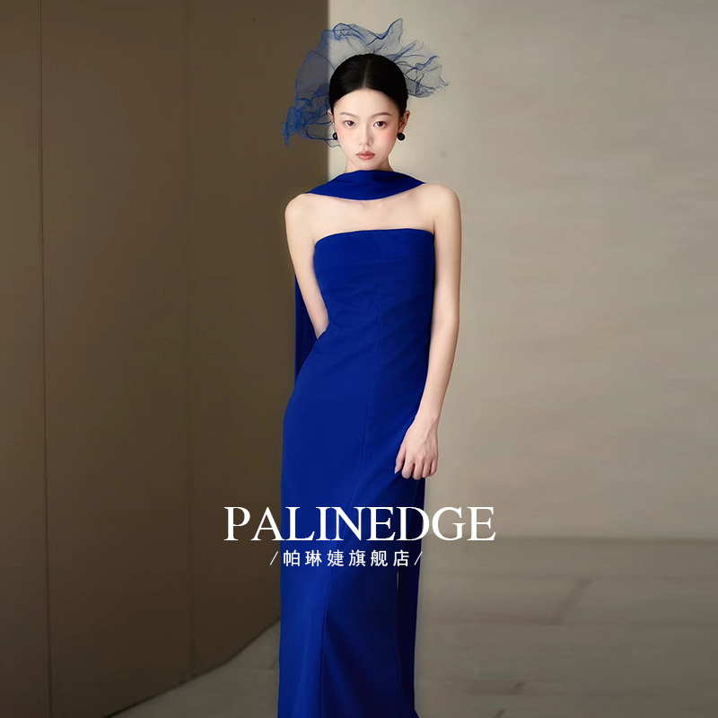 Blue Strapless Evening Dress for Women, High-End and Sophisticated, Suitable for Hostess, Engagement, Toast, Bride, Slim-Fitting, Long Style