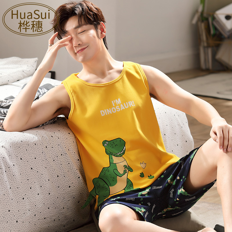 Mens đồ ngủ cotton mùa hè vest model mỏng trẻ sinh viên không tay cartoon bông quần áo nhà set mùa hè.