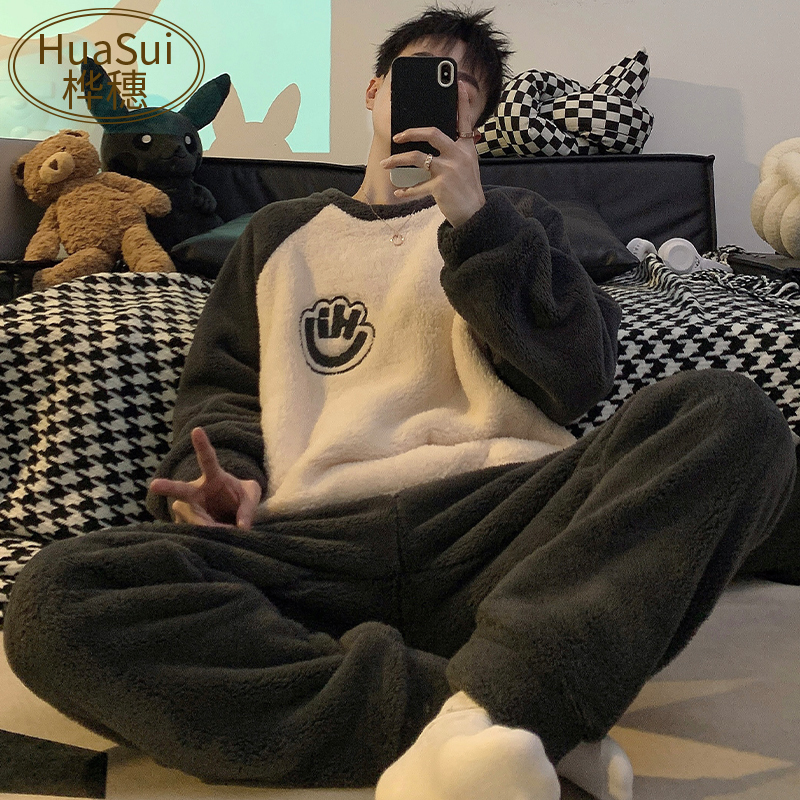 Coral Velvet Men's Pajamas Autumn and Winter Thickened Fleece Warm Flannel Winter Casual Large Size Home Wear Set