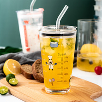 Korean glass household milk scale Cup with lid breakfast heat-resistant suction tube Cup beverage cup tea cup juice cup