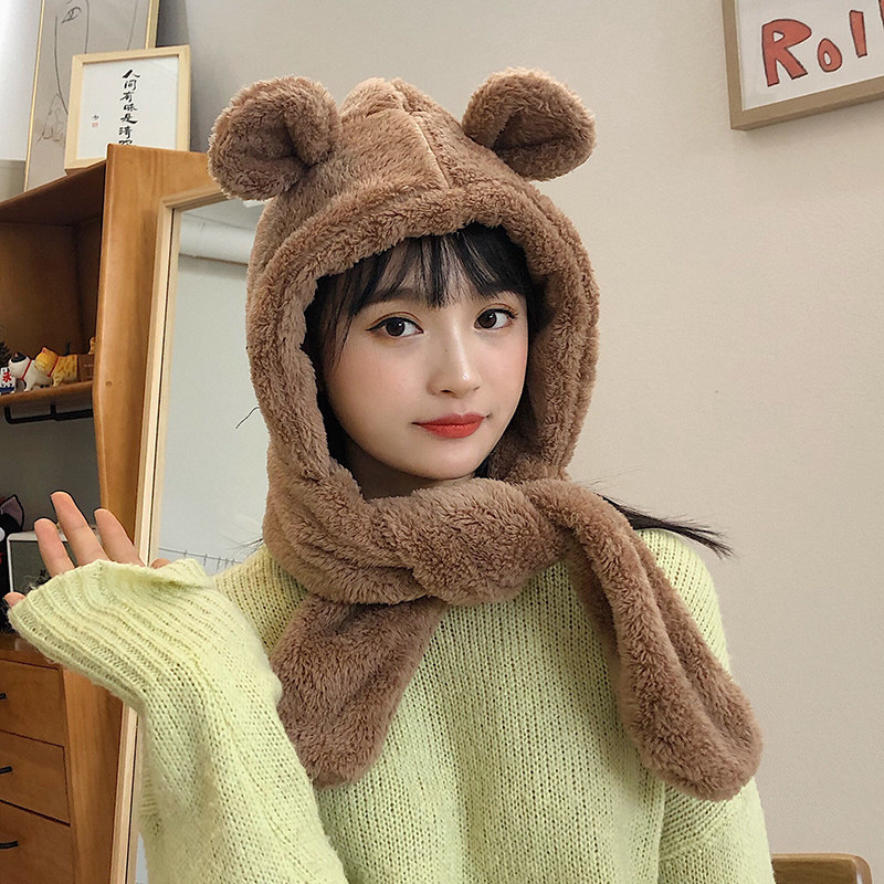 Bear ear hat children's sweet and lovely winter plush scarf hooded one Korean ear protection warm tide