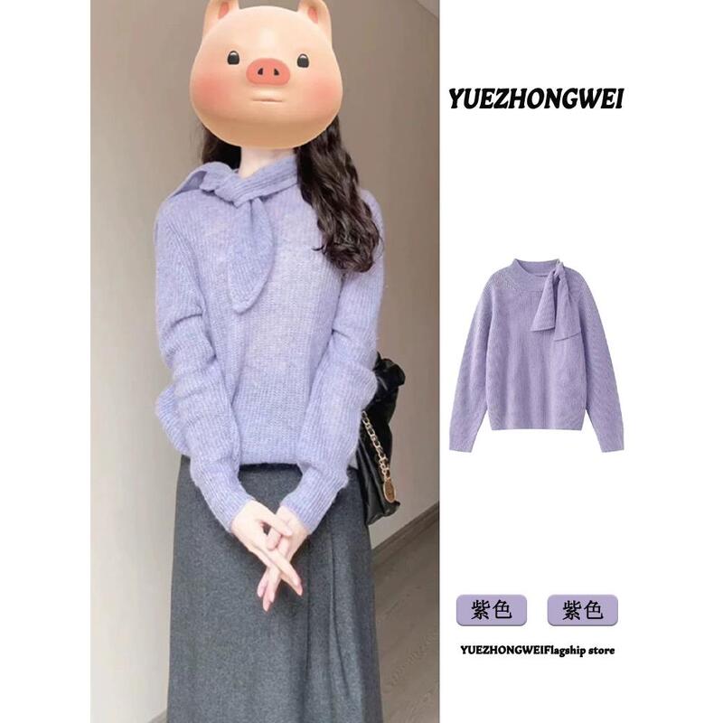 Purple Pullover Lace-Up Sweater for Women, Autumn and Winter Thickened, Lazy Style, Unique and Beautiful Knitted Base Shirt Top