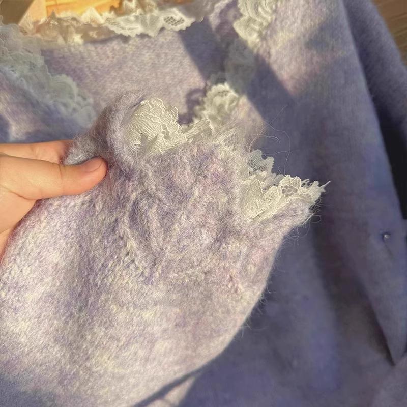 Gentle Purple Lace Splicing V Neck Knitwear for Women in Autumn and Winter, Soft and Waxy Top, Lazy Style Loose Pullover Knitwear Gentle Purple Lace Splicing V Neck Knitwear for Women in Autumn and Winter, Soft and Waxy Top, Lazy Style Loose Pullover Knitwear