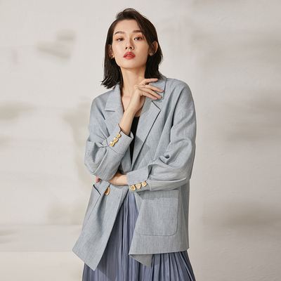 U．T．宽松西装外套女2021年春秋装新款韩版蓝色落肩百搭西服上衣