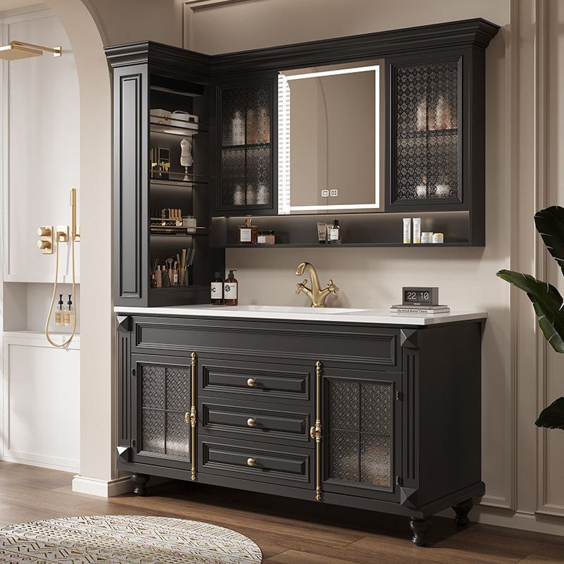 American-Style Oak Bathroom Cabinet Set, French-Style Bathroom with Integrated Hot-Bent Slate Washbasin, Floor-Standing
