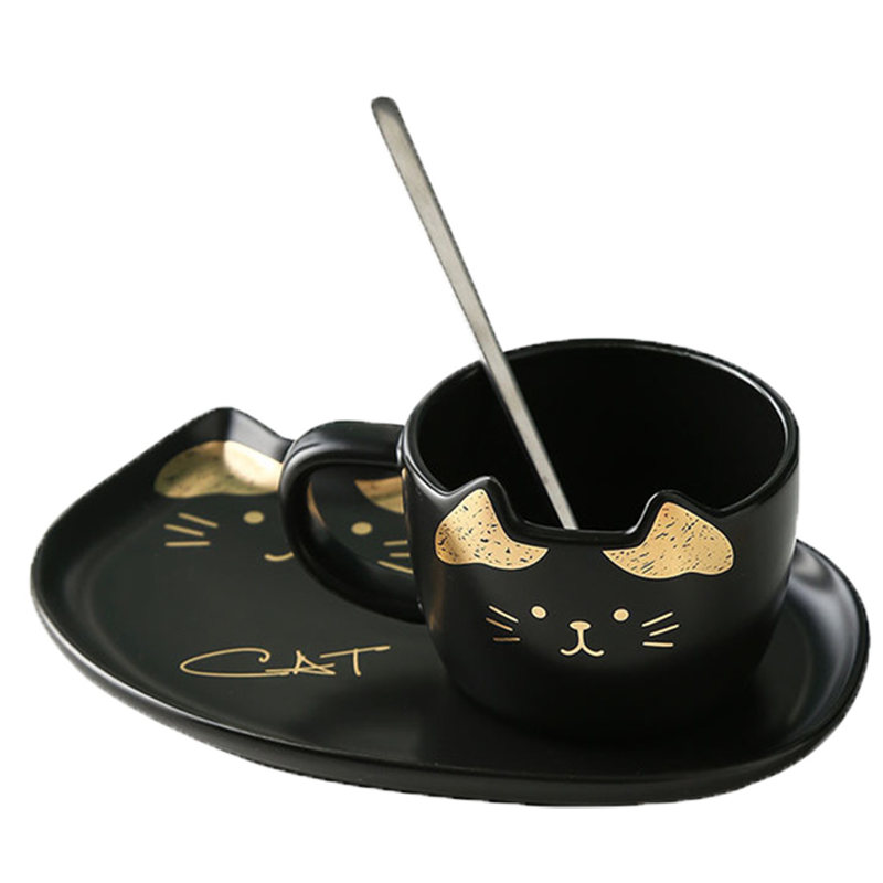 Love graces ceramic coffee cups of hot stamping cartoon cat design coffee cups and saucers suit household breakfast tray to send the spoon