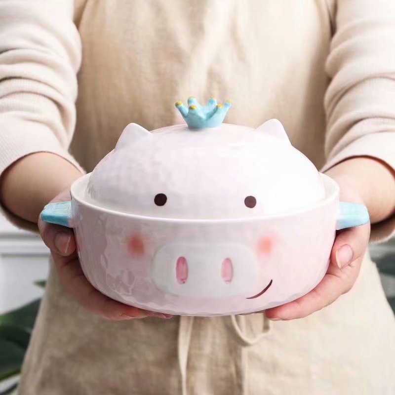 Love Beauty Cartoon Cute Ceramic Cutlery Sets Pink Piglet Double Ear Anti-Burn Foam Noodle Bowl Relief Solid Dish Spoon