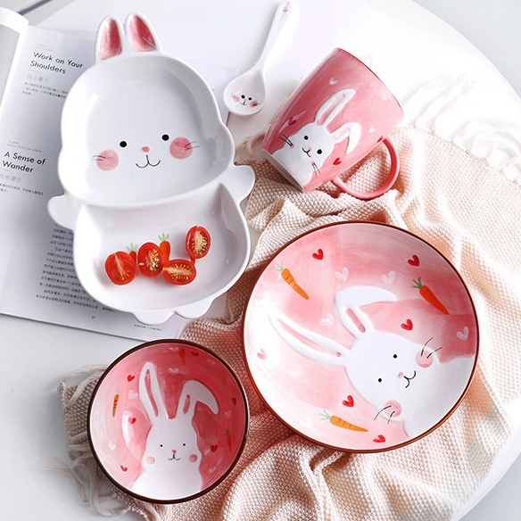Love Beauty Hui Cute Cartoon Pattern Hand-painted Ceramic Cutlery Sets Group Home Children Bowls Spoon Divider Pan