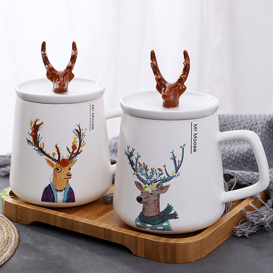 Love graces the Nordic hand - drawn does style with cover ceramic mugs ins creative antlers household water cup 400 ml