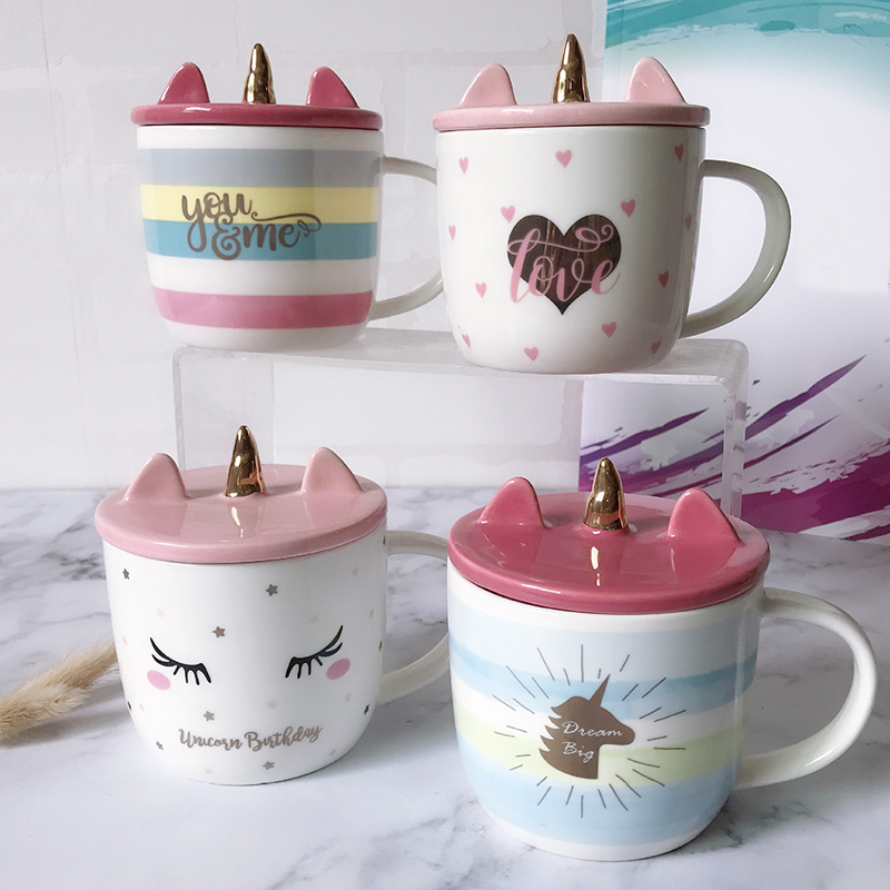 Love graces 19 new girl heart ins gold - plated stroke style the cartoon unicorn ceramics with cover cup 360 ml