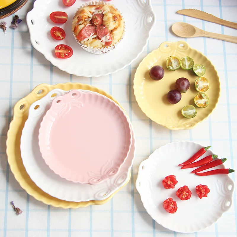 爱美惠 European style embossed cute candy bow plate Pure pink dish bi-ear breakfast plate