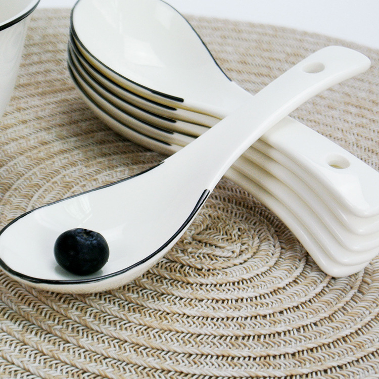 Simple pure color white household ceramic spoon restaurant Japanese Korean ceramic tableware, black side small ladle