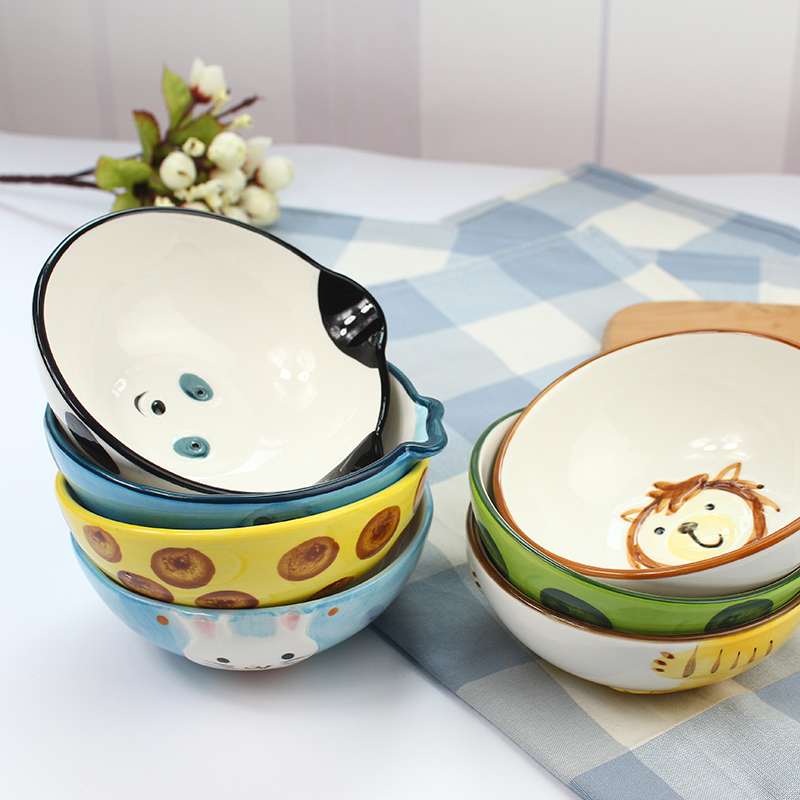 Love graces, lovely healthy children bowl of Korean cartoon drawing under the glaze color small animals 5 inch ceramic bowl spoon set
