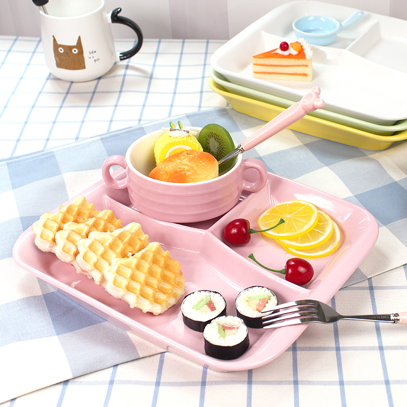Creative frame plate Korean ceramic insulation household sweet breakfast tray was health pure color plate of fruit fork spoon set