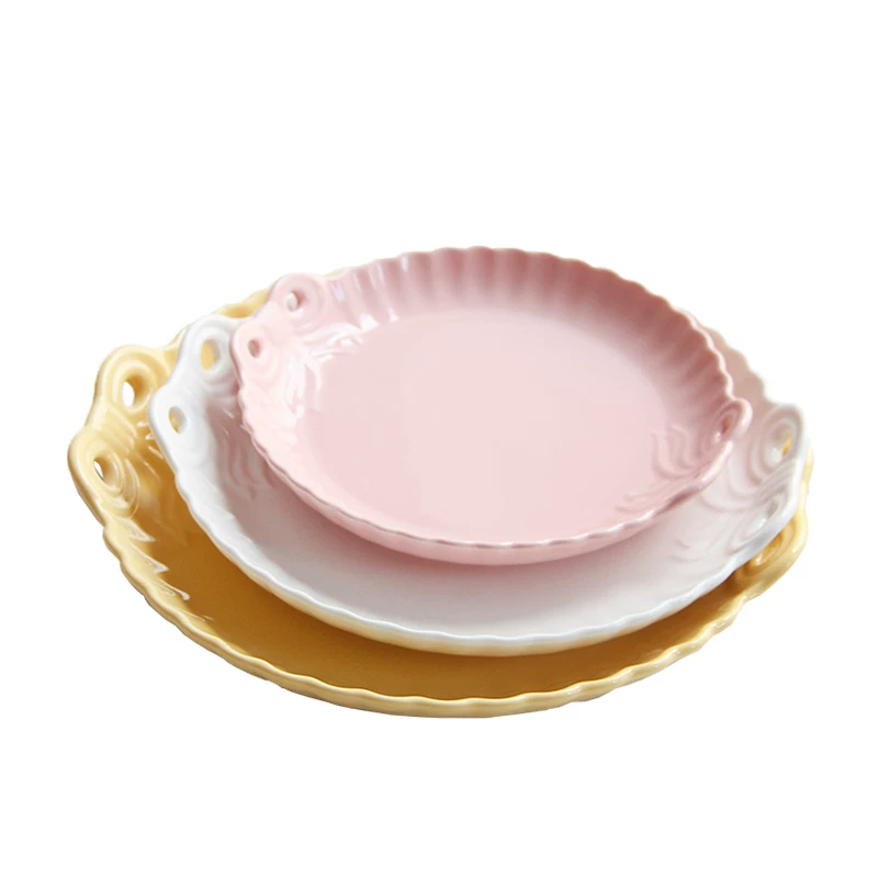 爱美惠 European style embossed cute candy bow plate Pure pink dish bi-ear breakfast plate