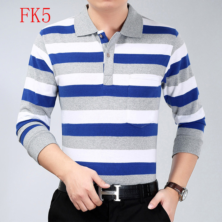 2018 người đàn ông mới của dài tay T-Shirt cotton lỏng trung niên cha nạp sọc ve áo bất pocket POLO áo sơ mi