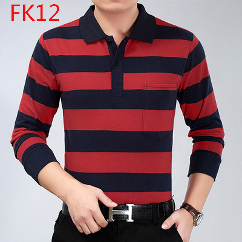 2018 người đàn ông mới của dài tay T-Shirt cotton lỏng trung niên cha nạp sọc ve áo bất pocket POLO áo sơ mi