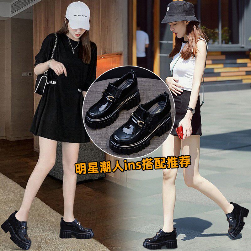 New style inner heightened slip-on leather thick-soled platform shoes women's spring and autumn shoes 2022 all-match British style high-heeled shoes
